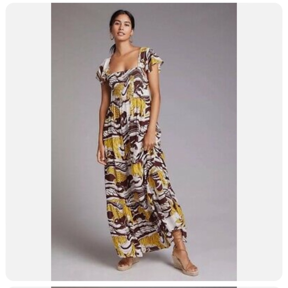 Anthropologie Panther Ruffled Maxi Dress Brown Yellow Smocked Top NWT